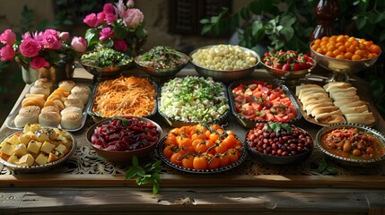 Wall Mural - A beautifully decorated table set for Suhoor, the pre-dawn meal, with an array of nutritious foods to sustain the dayâ€™s fast. List of Art Media Photograph inspired by Spring magazine