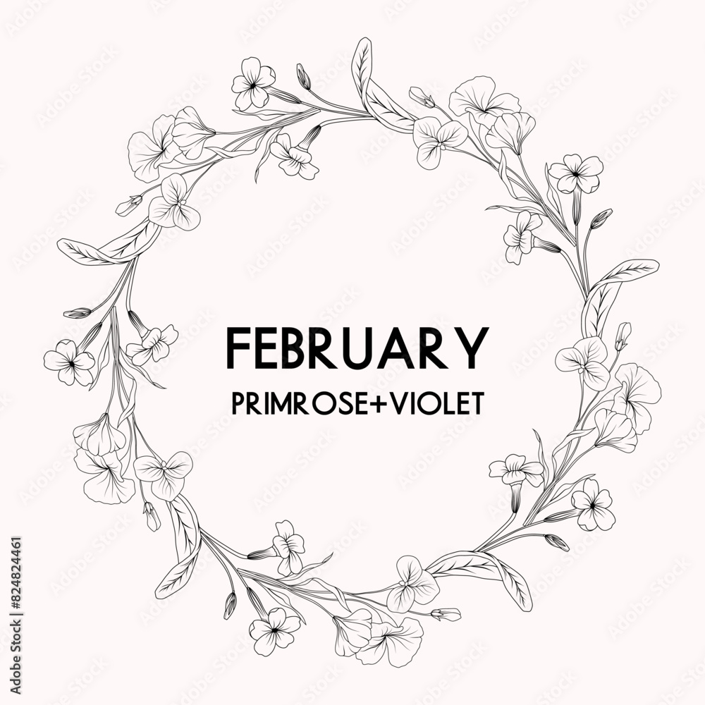 Feb Roses Design February birth month flower wreath, primrose and violet flower border ...