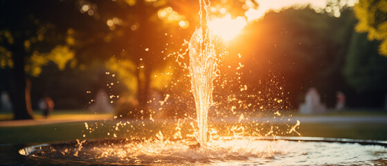 Poster - Golden Fountain Spray in Evening Park