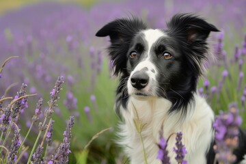 Sticker - Attentive border collie dog surrounded by blooming lavender