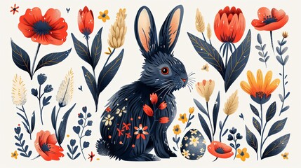 vibrant collection of naive art style vector illustrations for easter, featuring abstract rabbit and