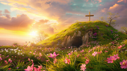 A breathtaking landscape of the tomb with an empty cross on top, surrounded by lush green grass and blooming flowers under a beautiful sunset sky.