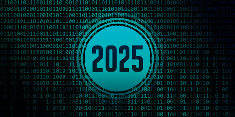 2025 number on digital binary code background vector illustration