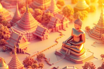 Wall Mural - 3d illustration of  golden statue of Buddha sitting surrounded by temple bokeh style background