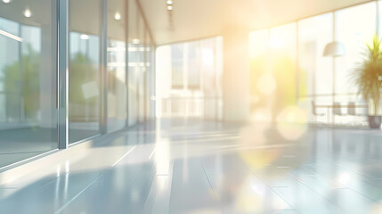 Modern office building interior with glass walls and reflective floors