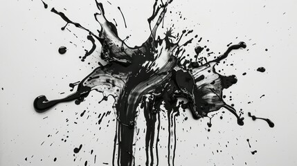 Splashes of a drop of black paint on a white canvas