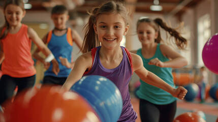 School kids and sports teacher exercising during PE class at school gym, with bright tones of gym colors, high depth with gym details, dynamic movement, and joyful expressions.