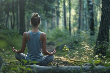 Poster - A woman in lotus pose in the forest, practicing yoga meditation and mindfulness exercises until wellness and awareness. Relaxation time