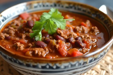 Sticker - Close-up view of a delicious bowl of chili garnished with fresh cilantro