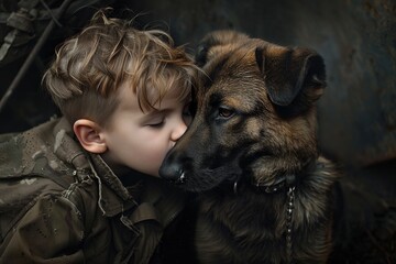 Sticker - a young boy kisses his dog, in the style of meticulous military scenes, photobash, war scene, grandparentcore