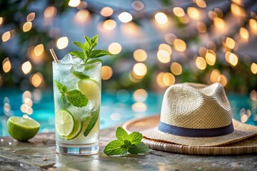 Wall Mural - A glass of delicious Mojito cocktail on the background of the pool. Alcoholic cocktail juicy fruit with ice cubes and slices of lemon, lime and mint.