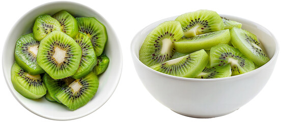 Wall Mural - Kiwi fruit collection, in a white bowl, side and top view, isolated on a transparent background