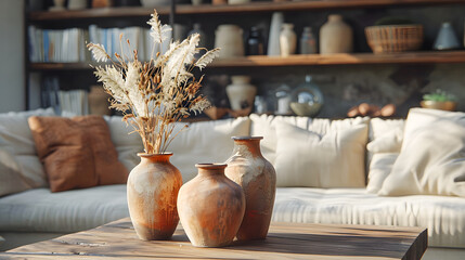 Wall Mural - Close up of beige clay vase with twigs on rustic 