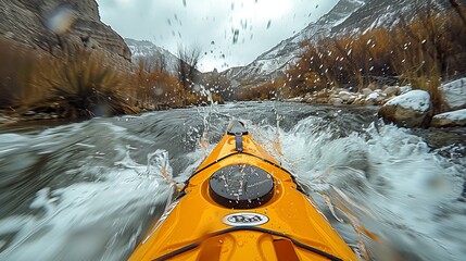 Dynamic view from a kayak navigating swift river currents and rocky surroundings in a valley