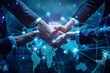 © Lucija - multinational business team connecting hands in unity with digital technology concept wide angle illustration
