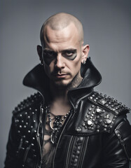 Wall Mural - portrait of a man in a metalhead-style outfit with shaved hair, isolated white background
