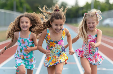 Three young girls, one with curly brown hair and two with long blonde ponytails, running on the white path of an outdoor track wearing colorful dresses and smiling and laughing.