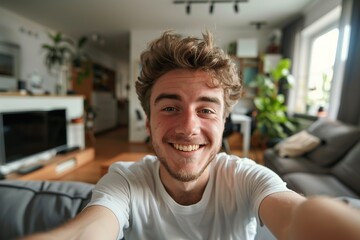 Sticker - A young man taking a selfie at home, his Caucasian face is photogenic, with a happy smile and visible teeth. The living room is modern, with an indoor atmosphere