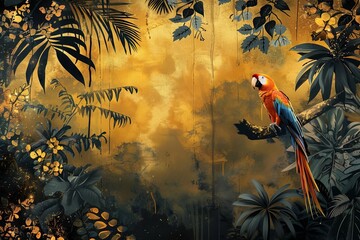 Wall Mural - mysterious jungle painting with parrot trees and tropical plants gold and black wallpaper