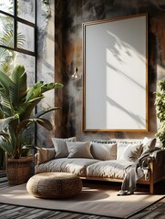 Wall Mural - Stylish Magazine Frame Mockup on Living Room Wall Modern Interior Design