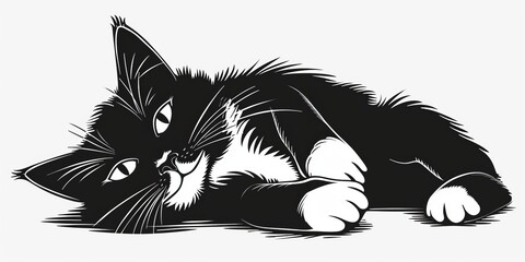 A cute cat is lying down, illustration in black and white silhouette with simple lines on a clean white  background.