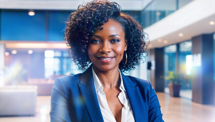 Portrait of a confident businesswoman standing in a modern office. The blurred background reflects a professional and dynamic workplace setting, emphasizing leadership and career advancement.

