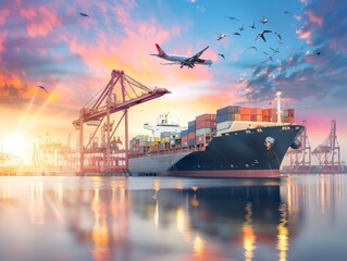 Wall Mural - Seaport Logistics: Container Cargo Ship, Cargo Plane, and Working Crane Bridge