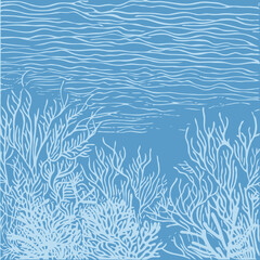 Minimalist light vector illustration of coral reef, blue underwater ocean, save planet and nature theme