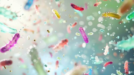 Poster - Abstract bacteria, probiotics, gram positive bacteria bacteria and viruses of various shapes against a light background. Concept of science, medicine. Microbiology background