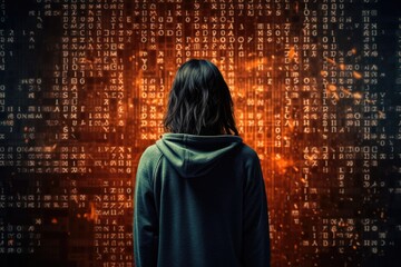 Wall Mural - teenage girl on binary code background in digital world