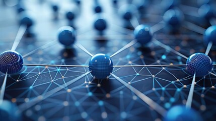Abstract network concept with blue spheres connected by lines, representing data, technology, and connection.