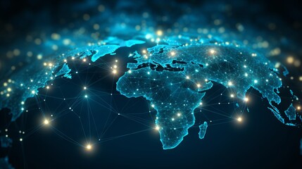 Wall Mural - global network background with digital earth map, connected lines, and glowing nodes representing wo