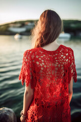 Wall Mural - woman in a red dress stands on a pier overlooking a body of water. The scene is serene and peaceful, with the woman's gaze directed towards the water