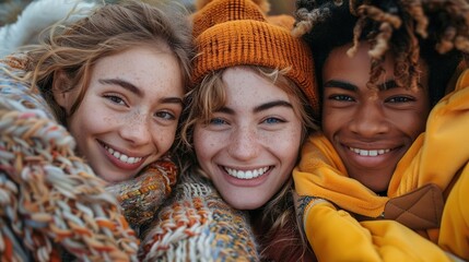 Three friends smiling and laughing together.