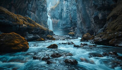 A rushing river flowing through the mountains of wales