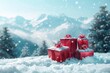 © Marina Demidiuk - Wrapped Red Christmas gifts, golden ribbons, bow against a light blue winter snowy decorated trees. Snow particles dust, Xmas lights bokeh. Festive wide banner template with space for text, montage