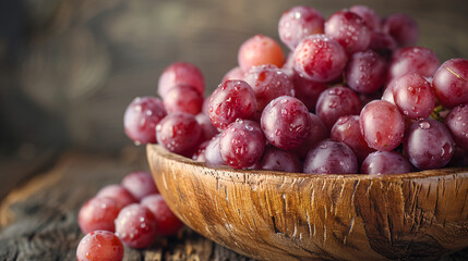 Fresh red grapes in wooden bowl. Close-up of juicy red grapes with water drops in a rustic wooden bowl, perfect for food, wine, or healthy eating themes.