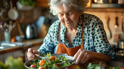 Elderly woman enjoying a nutritious meal in a cozy kitchen, emphasizing healthy eating habits, visually striking and detailed