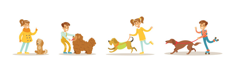 Poster - Happy Boy and Girl Play with Dog Pet Vector Set