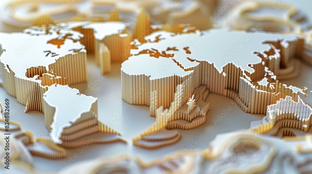 3D paper map of the world with layered, corrugated edges, creating a ...