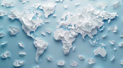 Paper-cut map of the world with white landmasses on a light blue background, evoking a sense of simplicity and elegance in representing global geography.