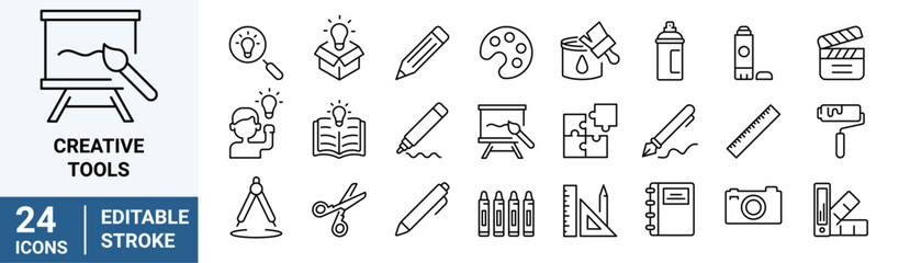 Creative tools line web icons. Art, creativity and graphic design related editable stroke.