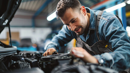 A mechanic working diligently under the hood of a car in a clean, organized service garage. The scene highlights the thorough inspection and maintenance services provided to ensure the vehicle's