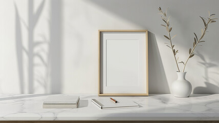 Wall Mural - A light wooden picture frame mockup on a white marble table on a white wall background