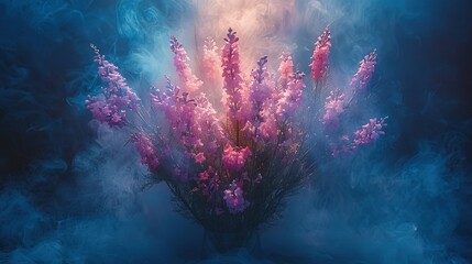 Wall Mural -  Blue smoke fills the room, while a vase overflowing with purple flowers sits atop it all In the corner, a fire hydrant stands ready for action
