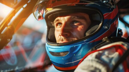 Close-up portrait of race car driver in brightly colored helmet fully focused and intense, as he sits in his car.