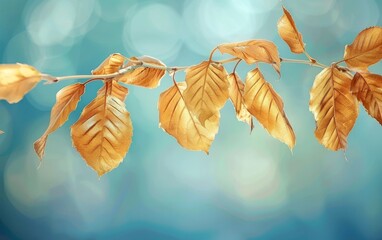 Golden autumn leaves hanging from a branch, with a soft, blurry blue background.