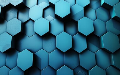 Wall Mural - Hexagonal shapes in blue gradient forming a digital pattern on a dark background.