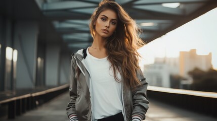 Young woman with long hair wearing casual clothing stands confidently on a modern urban bridge during sunset.