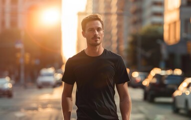 Man in black shirt on a city street at sunset.